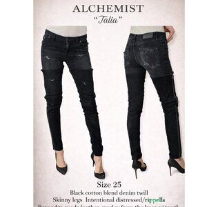 Alchemist Talia Jeans 25 Black Distressed Leather Overlay Zip Skinny Made in Ita